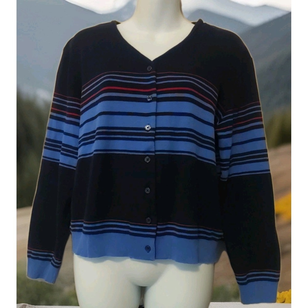 Talbots Blue Red Striped Button Downâ Long sleeve Cotton Sweater Size L